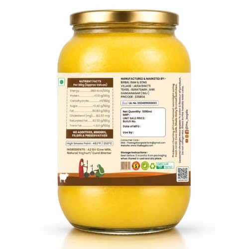 Image of The Bagdis Organic A2 Gir Cow Cultured Ghee | Vedic Bilona Method | Grass-Fed | 100% Organic & Farm Fresh Ghee Glass Bottle (1000ml)