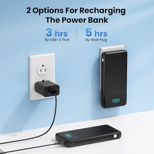 Image of Portable Charger Power Bank for iPhone with Built-in Cables and AC Wall Plug, 13800mAh Ultra Slim Travel Essentials,USB C Fast Charging External Battery Pack for iPhone 17 /16 /15 /13,Galaxy,Android etc