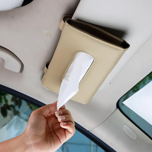 Image of Amazon Basics Car Tissue Box Holder | Leather | Reusable Tissue Box for Car(Pack of 1)| Adjustable Strap | Perfect Design | Easy to Use | Multi-Functional | (Beige)