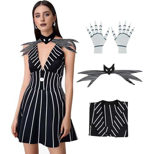 Poboola Christmas Night Jack Cosplay Costume Women Gothic Black Dress Stripe V-neck Bowtie Halloween Fancy Dress Outfit M