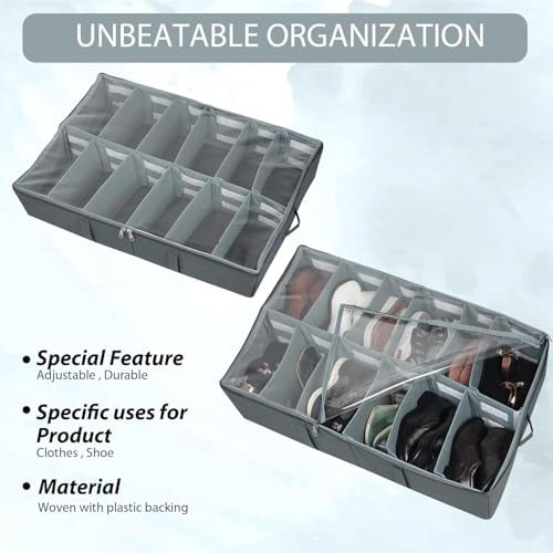 Image of SHIBUI Under Bed Shoe Organizer with Zipper-Dustproof & Space-Saving Storage for Sneakers, Heels & Boots, Adjustable Compartments, 24.5 x 29 x 5.5 Inch. (Polyster Grey, Pack of 1)