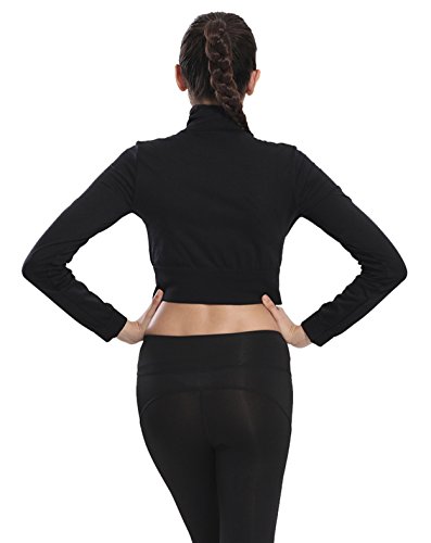 Women's Sports Workout Zip Up Long Sleeve Sweetshirt Fitted Crop Top (L/XL, Black)