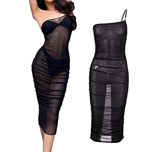 Vestido feminino de verão de malha transparente com um ombro só sem mangas, sexy, picante, tamanho 1
