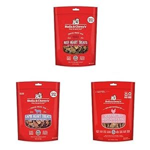 Stella & Chewy’s Freeze-Dried Single Ingredient Heart Treats Bundle (Beef Heart, Chicken Heart, Lamb Heart), 3 oz Bags