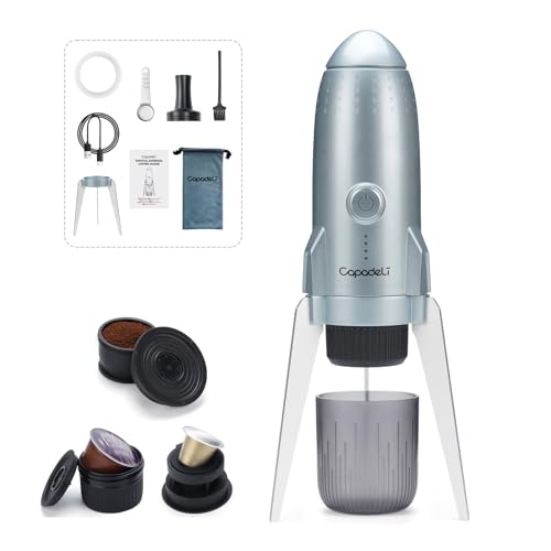 RECAFIMIL Machine à expresso portable 3 en 1 électrique de camping auto-chauffante, avec USB-C, compatible avec capsules NS/DG et café moulu pour les déplacements à la maison (argenté)