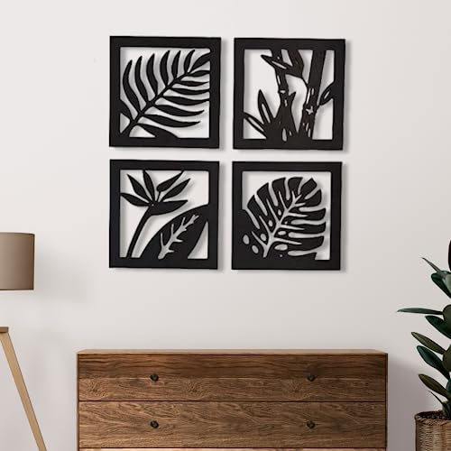 Image of 7 Decore Wooden 4 Pieces Square Tree Leaf Wall Art Panel Frame | Wall Hanging Decoration Items for Living Room, Bedroom, Drawing Room, Dining Room, Stairs, and Office. (Black) (Big Size)