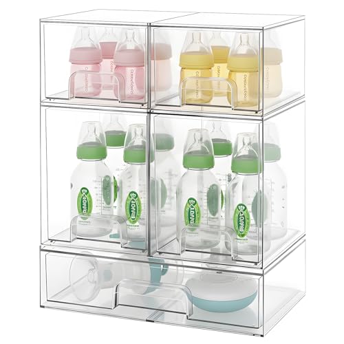 Image of Baby Bottle Organizer Stackable, Acrylic Storage Drawers 5 pack with Non-Slip Pads, Pull-Out Drawers for Baby Bottle, Pump Parts, Pantry, Vanity Countertop (4.4" and 7.6" Tall and 12.1" Wide)