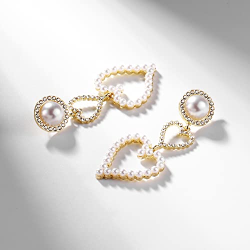 Poptopping Double Heart Earrings Love Heart Dangle Earrings For Women Pearl Heart Drop Earrings For Mother's Day Valentine's Day Birthday Gift (Double Happiness) #TOP2