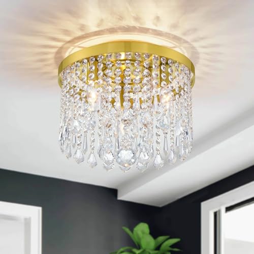 Image of 3-Lights Brass Finish Crystal Ceiling Light Chandelier Jhoomar Pendant Lamp Jhumar Lighting for Home & Living Room (13 Inch, Glass & Metal)