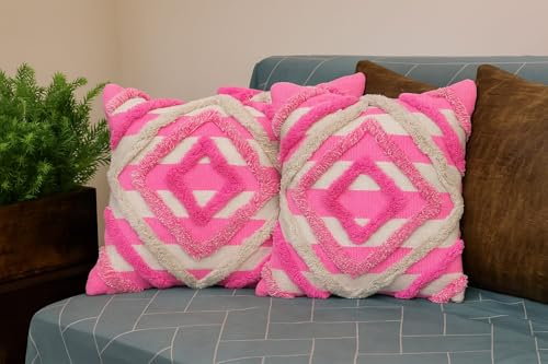 Image of Furnistitchs Premium Decorative Throw Cushion Pillow Cover Boho Home Decor - Living Room Bedroom Couch Sofa Cushion Covers 16 inch x 16 inch (2, Cream Geometry)