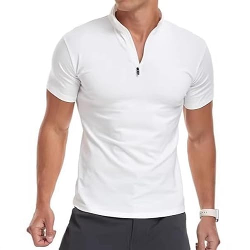Men’s Short Sleeve Polo Shirt with Zipper Stand Collar Fitted Stretch Casual Top Daily Wear Sports UK White XXL