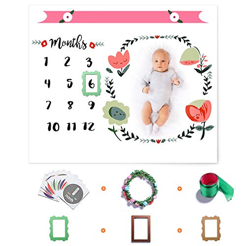 BESTNEWBORN Baby Monthly Milestone Blanket for Girl Boy, Floral Photo Props Personalized Photography Backdrop for Newborn Infant Month Growth Pictures, Unisex New Baby Twins Swaddle Shower Gift