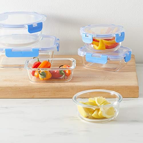 Amazon Basics Glass Food Storage Containers with Locking Lids, Set of 7, 14 Pieces Including Lids, BPA-Free, Clear with Blue Silicone Ring - Thumbnail 5