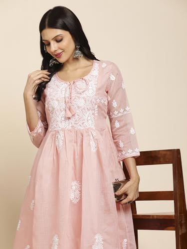 Image of RATAN Women's Muga Cotton Flared Lucknowi Chikankari Ethnic Wear Kurta
