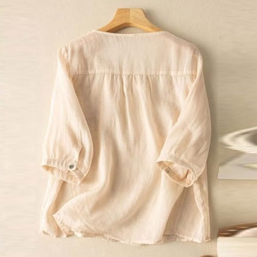 Linen Shirt 2025 Summer Trendy Oversize Crewneck Cute Blouses Bohemian Short Sleeve Shirts Embroidered Tops3