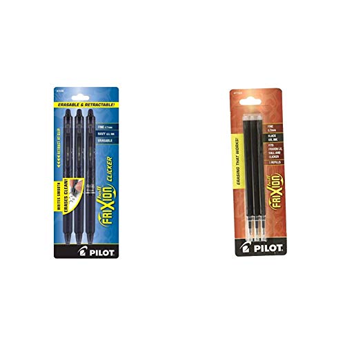 PILOT FriXion Clicker Erasable, Refillable & Retractable Gel Ink Pens, Fine Point, Navy Blue Ink, 3-Pack (31468) & FriXion Gel Ink Refills for Erasable Pens, Fine Point, Black Ink, 3-Pack (77330)