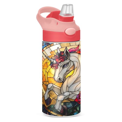 Mnsruu Botella de agua para niños con pajilla, 350 ml, diseño de unicornio de cristal colorido, de acero inoxidable, aislada, a prueba de fugas, para niñas, sin BPA