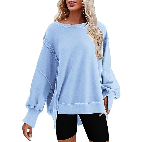 Image of Womens Oversized Crewneck Solid Color Sweatshirt Side Slit Long Sleeve Pullover Slouchy Fit Tops 𝐄ssential Sweatshirt Oversized Sweatshirt Woman (Light Blue, XXXL)