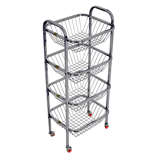 Image of Stainless steel kitchen Vegetable Basket Storage Trolley with 4 Wheel | Fruit Basket | Vegetable Basket | Onion Potato Rack for Kitchen | Vegetable Stand for Kitchen (34x14x12 10 MM)