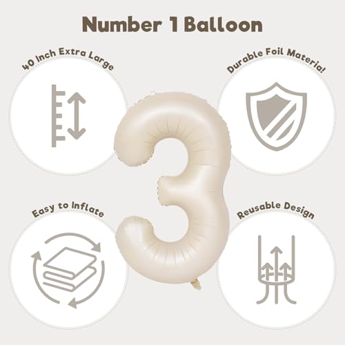 Image of Number Balloons for Birthday Decorations - 40 Inch Large Party Balloons 3, Cream Foil Number Balloons for Boys Girls, Balloons for Party Supplies