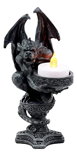 Ebros Gift Gothic Wyvern Gargoyle Standing On Pedestal Pillar Votive Candle Holder Guardian Kneeling Servant Tea Light Candle Figurine 6.75" H #TOP1
