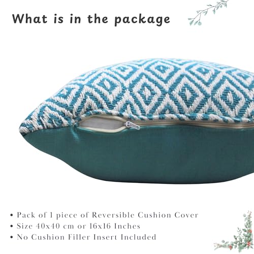 Image of 16x16 Inch Reversible Pack of 1 Teal Cotton Argyle Woven Throw Pillow Covers for Couch Sofa Bed Home Decoration Restaurant | Size 40 x 40 cm