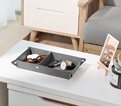 Luxspire Valet Tray, PU Leather Tray, Catchall Tray, Men Women Jewelry Key Tray, Removable Two Compartments Desk Storage Plate for Key Coin Phone Jewelry Wallet, Gray