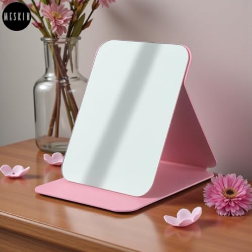 Image of MESKIN Portable Tablet Style Makeup Mirror with Foldable Stand | Compact Folding Free Hand Standing Mirror | Travel Friendly Vanity Mirror with PU Flap Cover (Pack of 1, Pink)
