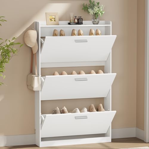 Slim Shoe Cabinet with 3 Flip Drawers,Narrow Shoe Rack 23.6" W Wh...