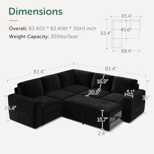 Image of HONBAY Modular Sectional Sleeper Sofa with Pull Out Bed,Corduroy L Shaped Couch with Storage, Sectional Couches for Living Room,Black