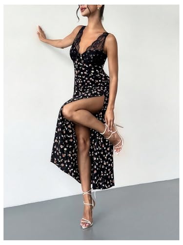 Milumia Women's Contrast Lace Ditsy Floral Long Dress V Neck Sleeveless Split Thigh Elegant Dresses2