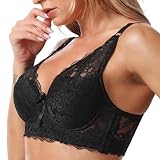 PGPBVLVGHM Reggiseno Sexy in Pizzo da Donna, Push-up, con Scollo a V Profondo, Senza Cuciture, Taglie Forti(Nero,48A)