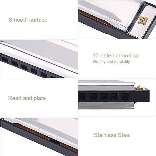 Harmonica, 10 Hole Metal Harmonica, Blue Rock Jazz Folk Harmonicas, Suitable For Beginner, Adults, Children's Gift (Silver) #TOP2