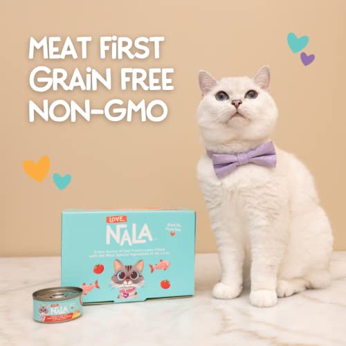 Image of LOVE, NALA - Natural Adult Cat Wet Food - FLAKED Salmon in Broth - Grain Free, Non-GMO, Lean Protein with Omega 3, Added Minerals & Vitamins - 12 Pack, 2.4 lbs.