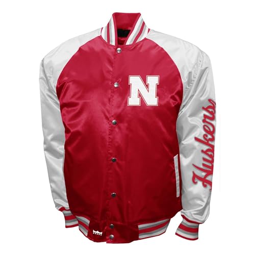 2Bhip NCAA University of Nebraska Huskers Adult Red Vintage Style Lightweight Satin Bomber Varsity Jacket