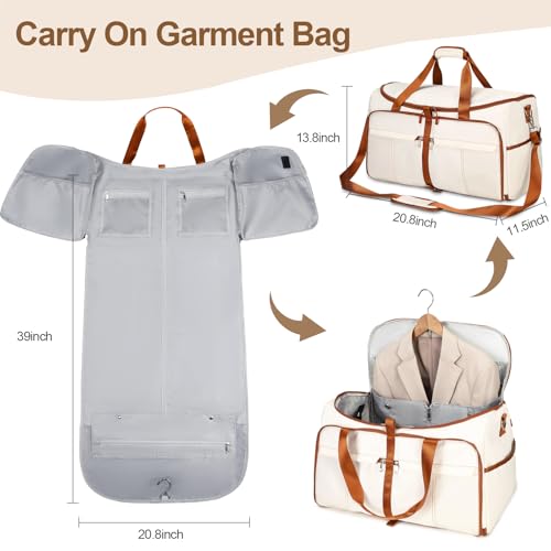 Foldable Garment Bags for Travel, 2 in 1 Convertible Carry On Travel Garment Duffel Bag for Women with Toiletry & Shoe bag, Hanging Suitcase Suit Travel Bags for Men Women Gift (Beige）2