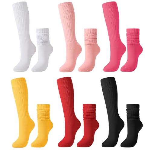 Jspupifip Slouch Socks for Women 6 Pairs, Neon Sock 80s Breathable Stacked Scrunchy Socks Extra Long Knit Knee High Thick Scrunch Sock, 90s Halloween Christmas Carnival Gifts for Girls, Size 7-92