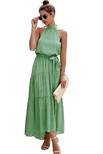 Prettygarden Women’s Casual Halter Neck Sleeveless Floral Long Maxi Dress Backless Loose Ruffle Sundress With Belt (Green,Medium) #TOP1