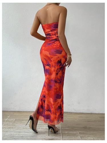 Image of GORGLITTER Women's Floral Strapless Bodycon Wedding Guest Dress Vacation Summer Birthday Tropical Maxi Long Sun Dresses