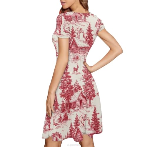 Image of POLERO Women Puffy Swing Elegant Party Midi Dresses Short Sleeve Round Neck A-Line Dress
