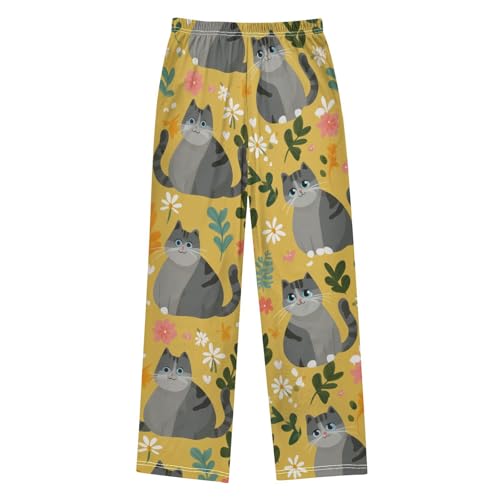 Cat Spring Florals Boys Long Pants Soft Trousers Elastic Waist Kids Lounge Bottoms with Pockets S-XL2