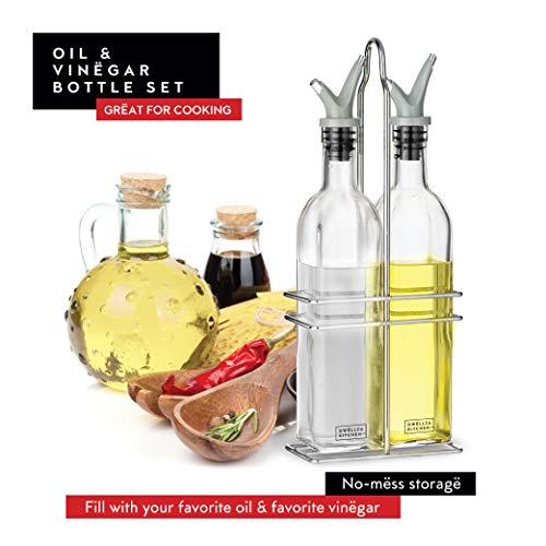 DWËLLZA KITCHEN Oil and Vinegar Dispenser Set - Olive Oil Dispenser Bottles for Kitchen - with Two Extra Drip Free Spouts and Funnel - 17 Oz 500 ML Glass Bottle Containers with Stainless Steel Rack