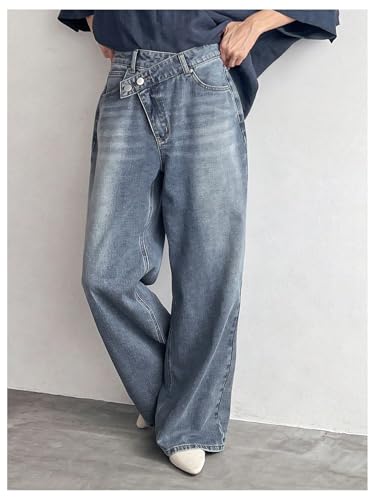 WDIRARA Women's Straight Leg Baggy Jeans Cross Waistband Mid Rise Denim Pants with Pockets4