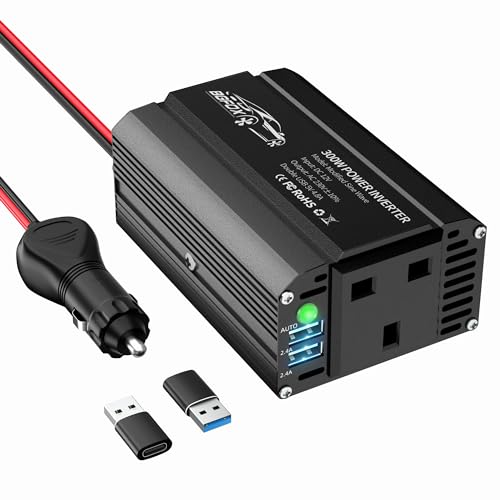 BGFOX 300W Car Power Inverter DC 12V to 240V / 230V AC Modified Sine Wave Voltage Converter with Dual USB Ports and UK Socket for Charge Your Laptop, for iPhone, iPad, Tablet, Aluminium Case - Black