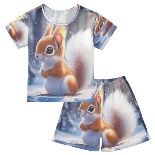 ALAZA Funny Squirrel Snow Pajamas Set Short Sleeve Cotton Sleepwear Summer Pjs 2 Piece 5-14Y