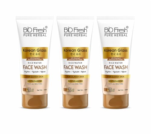 Image of BIOFRESH Pure Herbal Korean Glass Rice Water Face Wash - 100Ml, Ginseng & Fermented Rice Water, Brightening & Hydrating Cleanser for Glassy, Radiant Skin, No Parabens, Nano Multi-Vit Herbal Extract, Suitable for All Skin Types (Pack of 3)