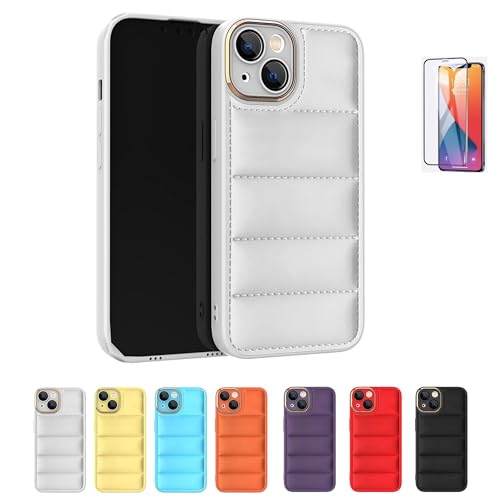 CAVAJPシリーズ ダウンジャケット スマホケース iPhone 11/12/13/14/15 Pro/16 Pro Max用 強化ガラススクリーンプロテクター付き 7色展開 韓国デザイン クッション性 軽量 耐衝撃性 ソフトレンズ保護 (ホワイト,iP