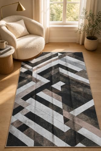 Image of CASA-NEST Modern Geometric Velvet Rug (4x6 ft), Anti-Slip Grip, Soft Printed Decorative Carpet for Office & Home - Grey Prism Geometric