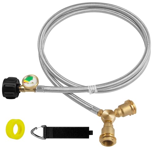6FT Propane Hose with Propane Splitter 2 Way and Gauge Propane Y Splitter Adapter with Shut Off Valve Two Way LP Gas Adapter Connector for 20lb Propane Tank Camping Stove Heater Gas Burner BBQ Grill