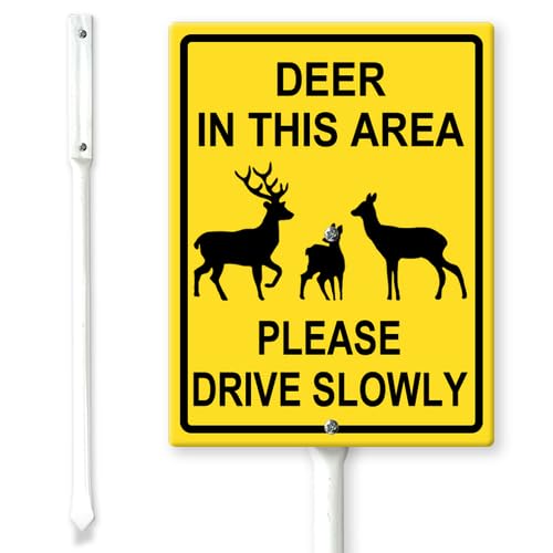 Horienteeon Caution Safety Sign - Deer Area Drive Slowly Yard Sign with Stakes 17.5×22cm, Sturdy Aluminum Yard Signs Weatherproof Easy Mounting, Slow Down Wildlife Animals Crossing Sign
